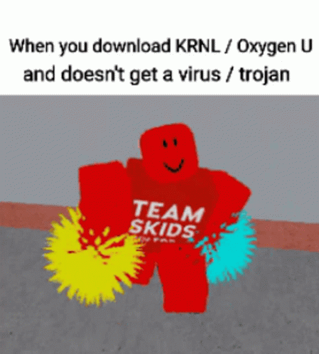 A Red Roblox Character With A Shirt That Says Team Skids GIF