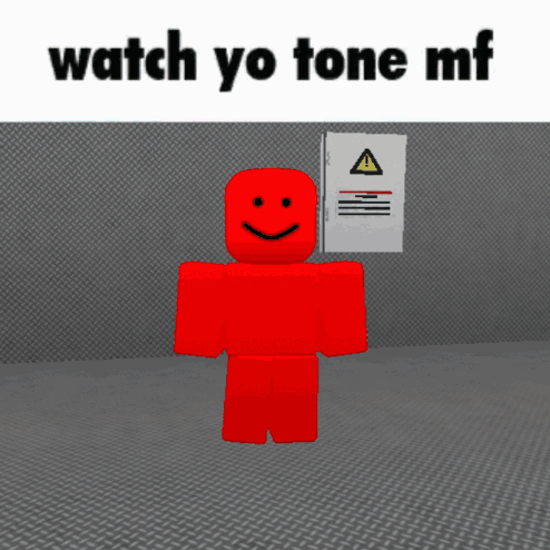 A Red Roblox Character With A Smiley Face Is Standing In Front Of A Sign That Says " Watch Yo Tone Mf " GIF