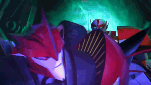 A Red Robot Is Sitting In A Dark Room With A Purple Background GIF