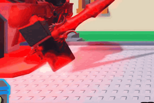 A Red Robot Is Standing On A White Tile Floor With The Number 7 On It GIF