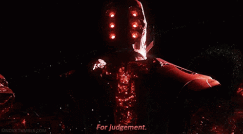 A Red Robot Says For Judgement In The Dark GIF