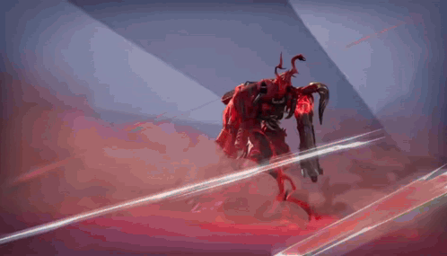 A Red Robot With Horns And A Gun Is Flying Through The Air In A Video Game . GIF