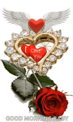 A Red Rose Is Sitting Next To A Heart Shaped Pendant With Wings And Diamonds . GIF