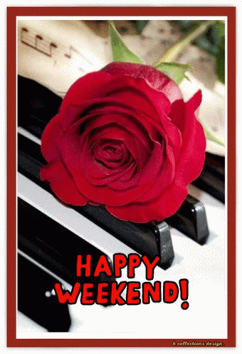 A Red Rose Sits On Top Of A Piano Keyboard With The Words Happy Weekend Written Below It GIF