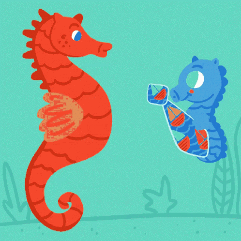 A Red Seahorse And A Blue Seahorse Are Wearing Ties GIF