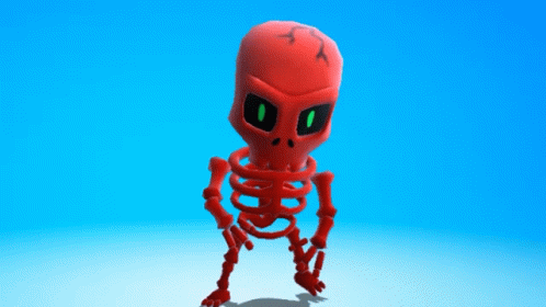 A Red Skeleton With Green Eyes And A Broken Head GIF