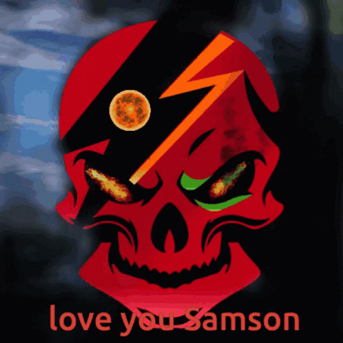 a red skull with a lightning bolt on it and the words love you samson