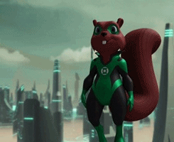 A Red Squirrel In A Green Lantern Costume Is Standing In Front Of A Futuristic City GIF