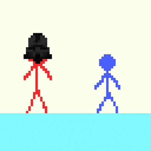 A Red Stick Figure With A Black Helmet Stands In Front Of Two Blue Stick Figures GIF