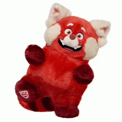 a red stuffed animal with a build a bear logo on its paw