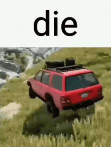 A Red Suv Is Driving Down A Grassy Hill With The Word Die On The Bottom . GIF