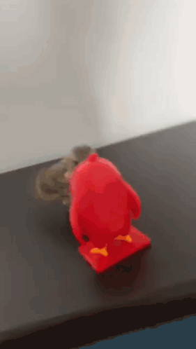 A Red Toy With Yellow Feet Sits On A Black Table GIF