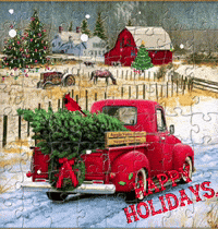 A Red Truck With A Christmas Tree In The Back Is On A Puzzle GIF