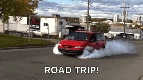 A Red Van Is Driving Down A Street With Smoke Coming Out Of The Tires And The Words Road Trip Written On The Bottom GIF