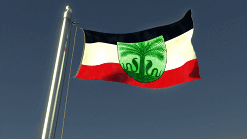 A Red White And Black Flag With A Palm Tree And Snake On It GIF