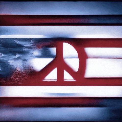 A Red White And Blue Flag With A Peace Sign In The Center GIF