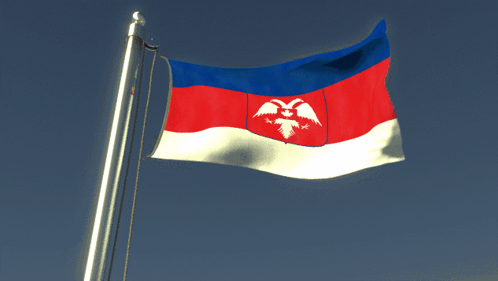 A Red White And Blue Flag With An Eagle On It Is Flying In The Wind GIF