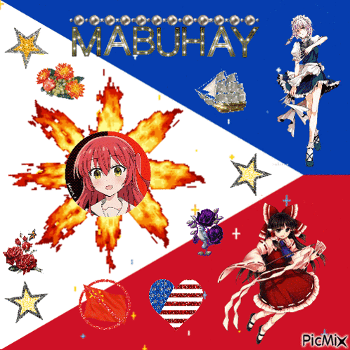 A Red White And Blue Flag With The Word Mabuhay In The Middle GIF