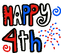 a red white and blue sign that says happy 4th with fireworks in the background