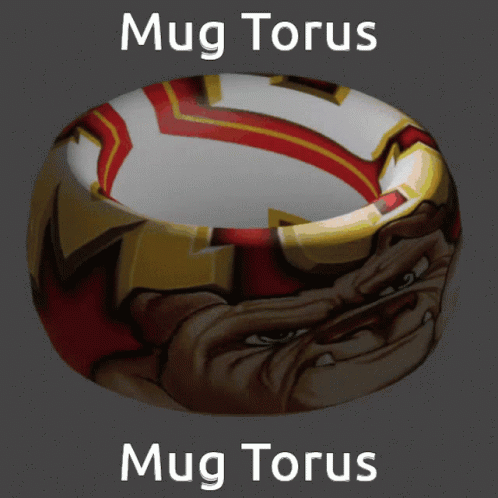 A Red White And Gold Ring That Says Mug Torus On It GIF