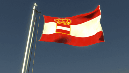A Red White And Yellow Flag With A Gold Crown On It GIF