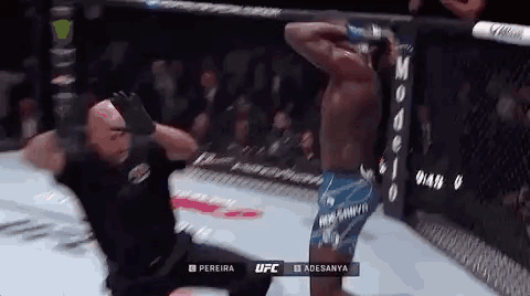 A Referee Is Kneeling Down In Front Of A Fighter In A Boxing Ring . GIF
