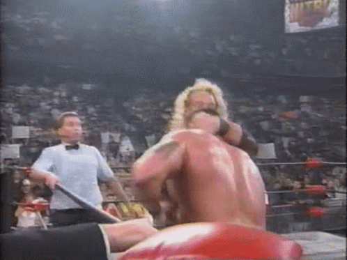 A Referee Is Standing Next To A Wrestler In A Ring . GIF