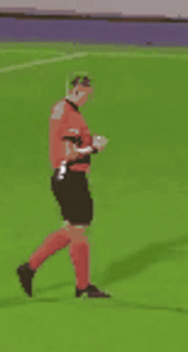 A Referee Is Walking On A Soccer Field Holding A Red Card . GIF