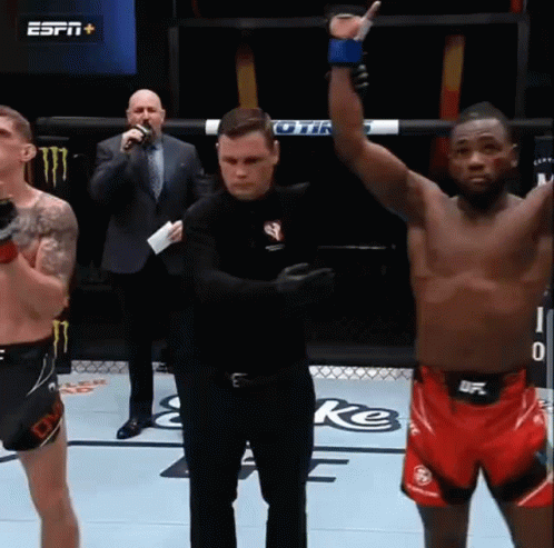 a referee stands between two fighters in a boxing ring while one of them raises his hand in the air