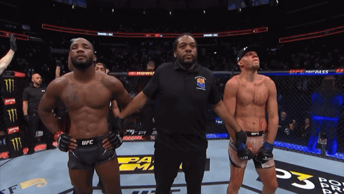 A Referee Stands Between Two Ufc Fighters On A Boxing Ring GIF