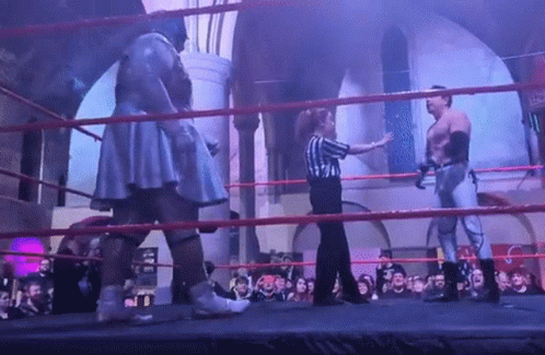 A Referee Stands In A Ring With Two Wrestlers GIF