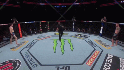 A Referee Stands In The Middle Of A Ufc Ring With Monster Energy On The Floor GIF