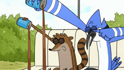 A Regular Show Cartoon Shows A Raccoon Drinking From A Can Of Soda GIF
