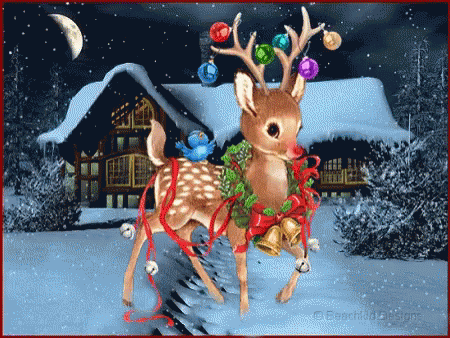 A Reindeer With Christmas Decorations On Its Antlers Stands In Front Of A Snowy House GIF