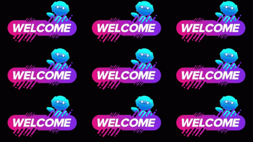 A Repeating Pattern Of Welcome Signs With A Blue Octopus In The Middle GIF
