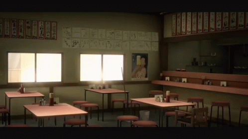 A Restaurant With Tables And Chairs And A Sign On The Wall That Says ' A ' GIF