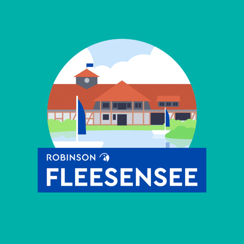 A Robinson Fleesensee Logo With A Building And A Boat GIF