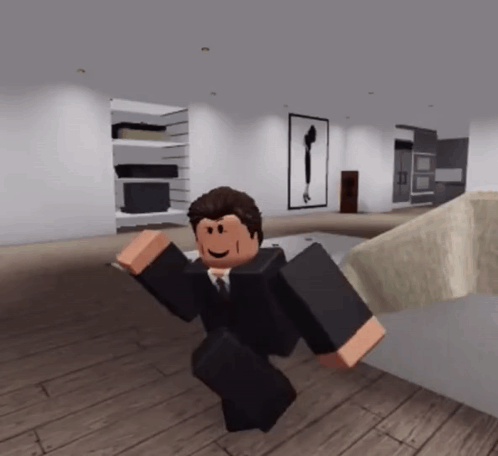 A Roblox Character In A Suit And Tie Is Dancing In A Living Room GIF