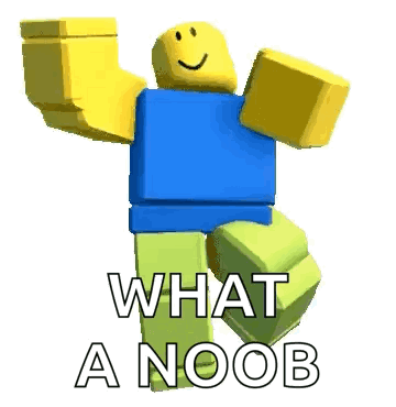 A Roblox Character Is Dancing With The Words `` What A Noob '' . GIF
