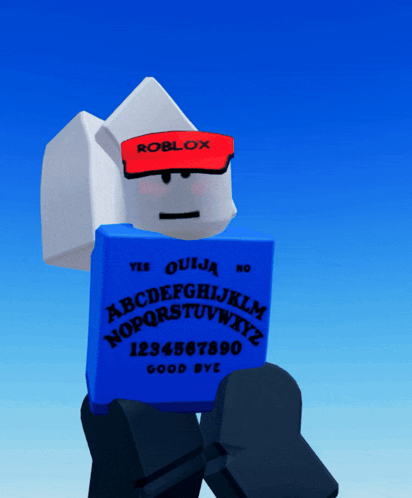 A Roblox Character Is Holding A Blue Board With The Alphabet On It GIF