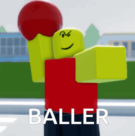 A Roblox Character Is Holding A Red Ball And The Word Baller Is On The Bottom Right GIF