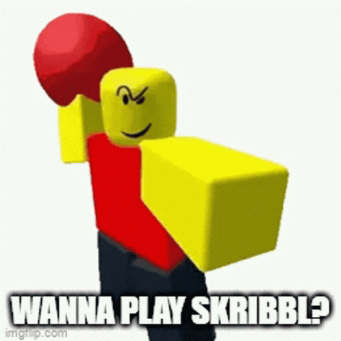 A Roblox Character Is Holding A Red Boxing Glove And Says " Wanna Play Skribbl ? " GIF