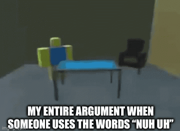 A Roblox Character Is Standing In A Room With A Table And A Chair . GIF