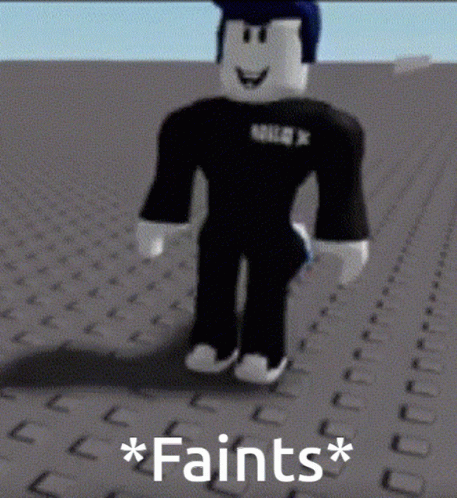 A Roblox Character Is Walking On A Gray Surface With The Words * Faints * Written Below Him GIF
