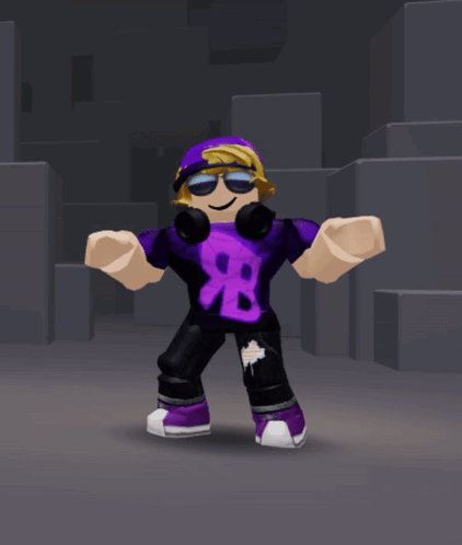 A Roblox Character Is Wearing A Purple Shirt With The Letter Rb On It GIF