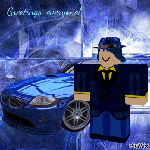 A Roblox Character Standing In Front Of A Blue Car With Greetings Everyone Written On It GIF