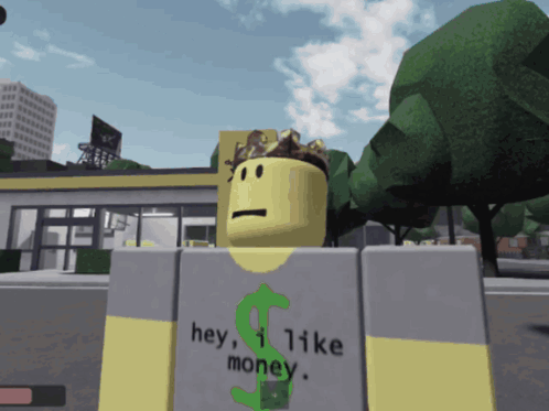 A Roblox Character With A Crown On His Head And A Shirt That Says Hey I Like Money GIF
