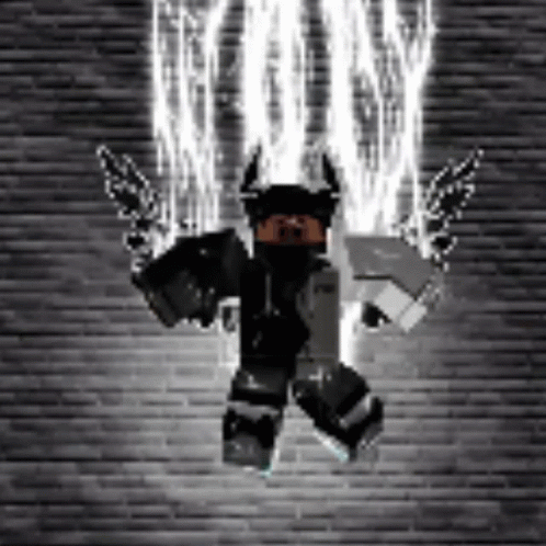 A Roblox Character With Horns And Wings Is Standing In Front Of A Brick Wall With Lightning Coming Out Of It . GIF