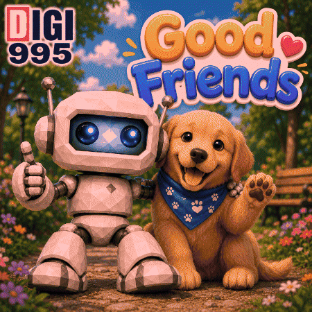 A Robot And A Dog Are Standing Next To Each Other With The Words Good Friends Behind Them GIF