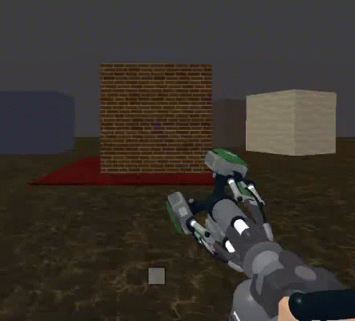 A Robot Arm Is Holding A Hamburger And A Brick Wall In A Video Game . GIF